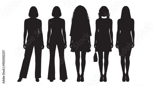 Women silhouettes group with various hairstyles and outfits standing together featuring female, fashion, style with people and business elements for lifestyle, modern projects, clean composition on
