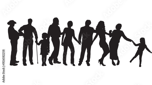 People silhouette group holding hands in a row, family generations and friends together, black cutout figures isolated on white background for community unity concept