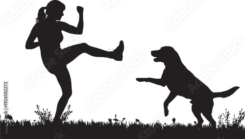 Silhouette woman training martial arts kick with dog jumping in playful action scene, outdoor grassy ground, minimal black and white cutout illustration on white
