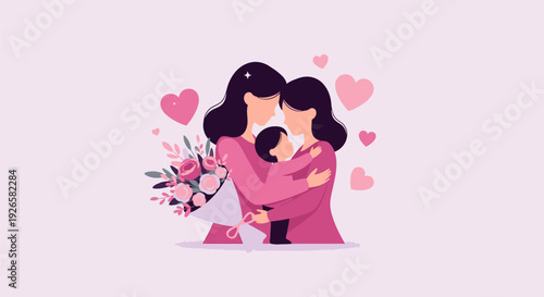 Illustration of a mother and daughter embracing, surrounded by hearts and flowers, conveying love and affection in a tender moment.