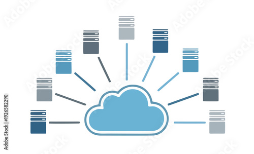 Flat vector illustration of SaaS cloud infrastructure and server network architecture for enterprise technology systems.