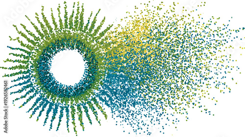 A vibrant abstract composed of colored dots, swirling from a central opening, with a burst effect