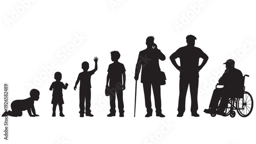People silhouette set showing human life stages from crawling baby to toddler, child, teenager, working adult, police officer, and elderly man in wheelchair