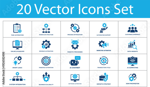 Business automation solid icons set. Task automation, workflow structure, process optimization, revenue automation, robotic processes. System integration solid icons collection
