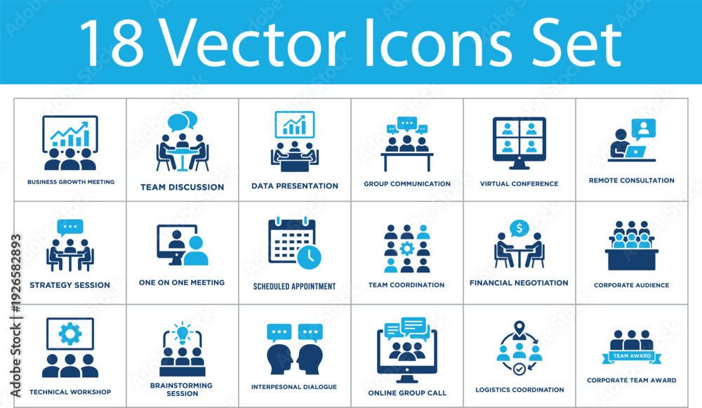 Fototapeta premium Business meeting solid icons set. Business growth, team discussion, data presentation, virtual conference, remote consultation. Corporate strategy solid icons collection