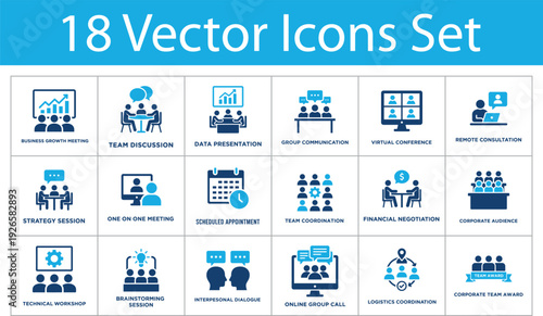 Business meeting solid icons set. Business growth, team discussion, data presentation, virtual conference, remote consultation. Corporate strategy solid icons collection