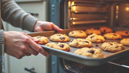 Woman baking homemade chocolate chip cookies in oven. Concept of home cooking, family tradition, and delicious dessert. Cozy kitchen moment.