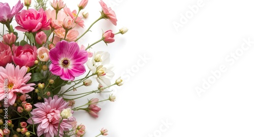 Spring floral bouquet in full bloom on a white high key background with copy space