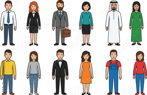 Diverse business people and professionals standing in formal and casual outfits, multicultural men and women character illustration set isolated on white background