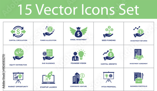 Startup investment and capital growth solid icons set. Collection of capital circulation, seed funding, angel investment, equity distribution, startup launch and pitch proposal icons.