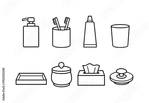 Home bathroom sink accessories: soap dispenser, toothbrush holder, toothpaste tube, rinse cup, vanity tray, cotton jar, tissue box, drain stopper