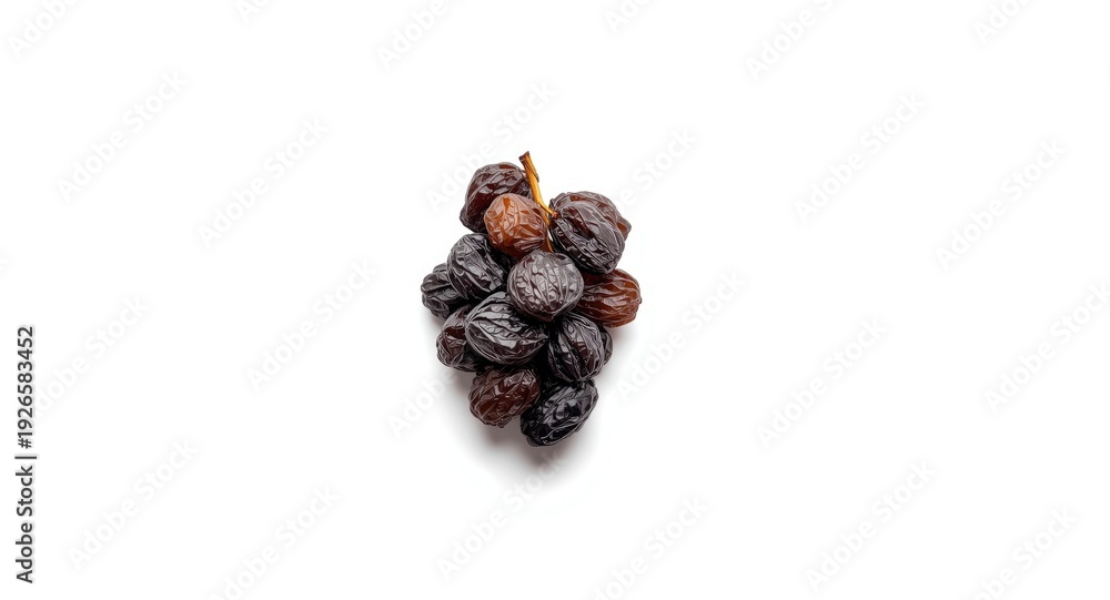 Obraz premium Dried dark grapes known as Spanish raisins on a white background
