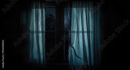 Ghost shadow lurking behind bedroom window curtains in scary Halloween setting