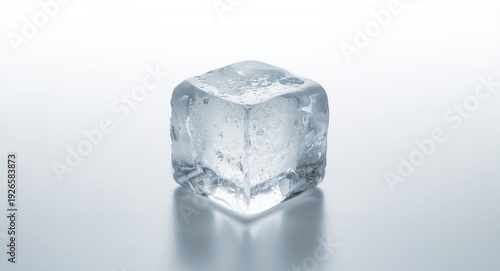 Close up of a single ice cube on a white studio backdrop with soft lighting