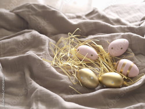 Pastel Easter Eggs On Soft Linen