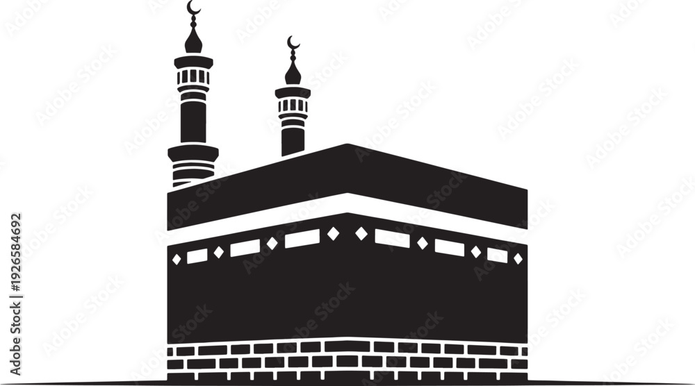 Obraz premium Black silhouette of the Kaaba in Mecca with two minarets and crescent moons Islam