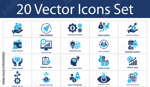 Startup business solid icons set. Lean startup, budget control, core value, niche audience, cash flow, organic scaling, profit goal. Entrepreneurship solid icons collection