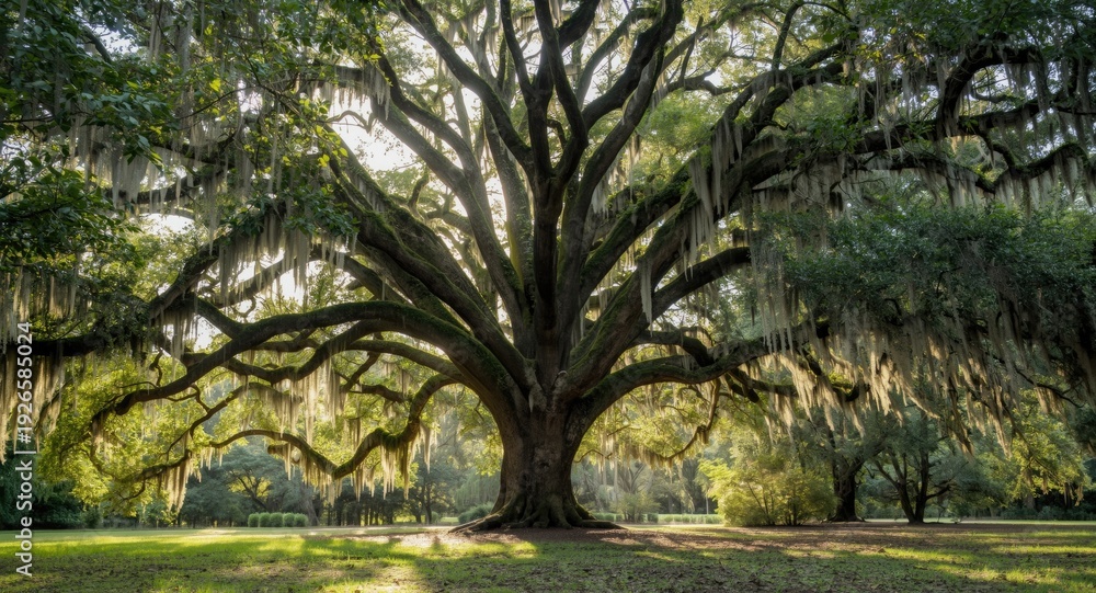 Fototapeta premium Majestic live oak canopy adorned by Spanish moss in spring light