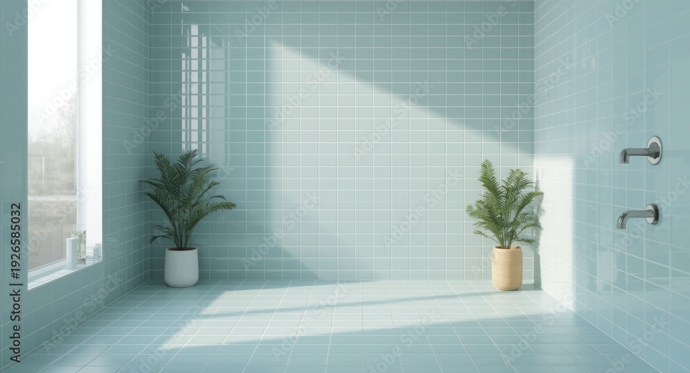 Fototapeta premium Soft pastel blue ceramic tiles decorating bathroom walls and floor