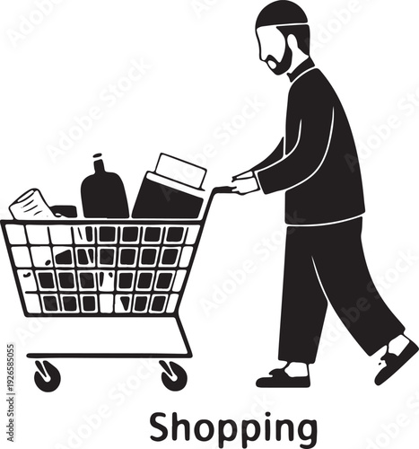 Man with beard wearing kufi pushing shopping cart filled with groceries and goods