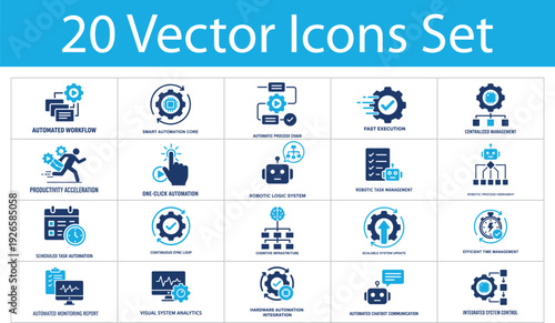 Business automation solid icons set. Robotic task, automated workflow, smart core, fast execution, chatbot communication. Process automation solid icons collection