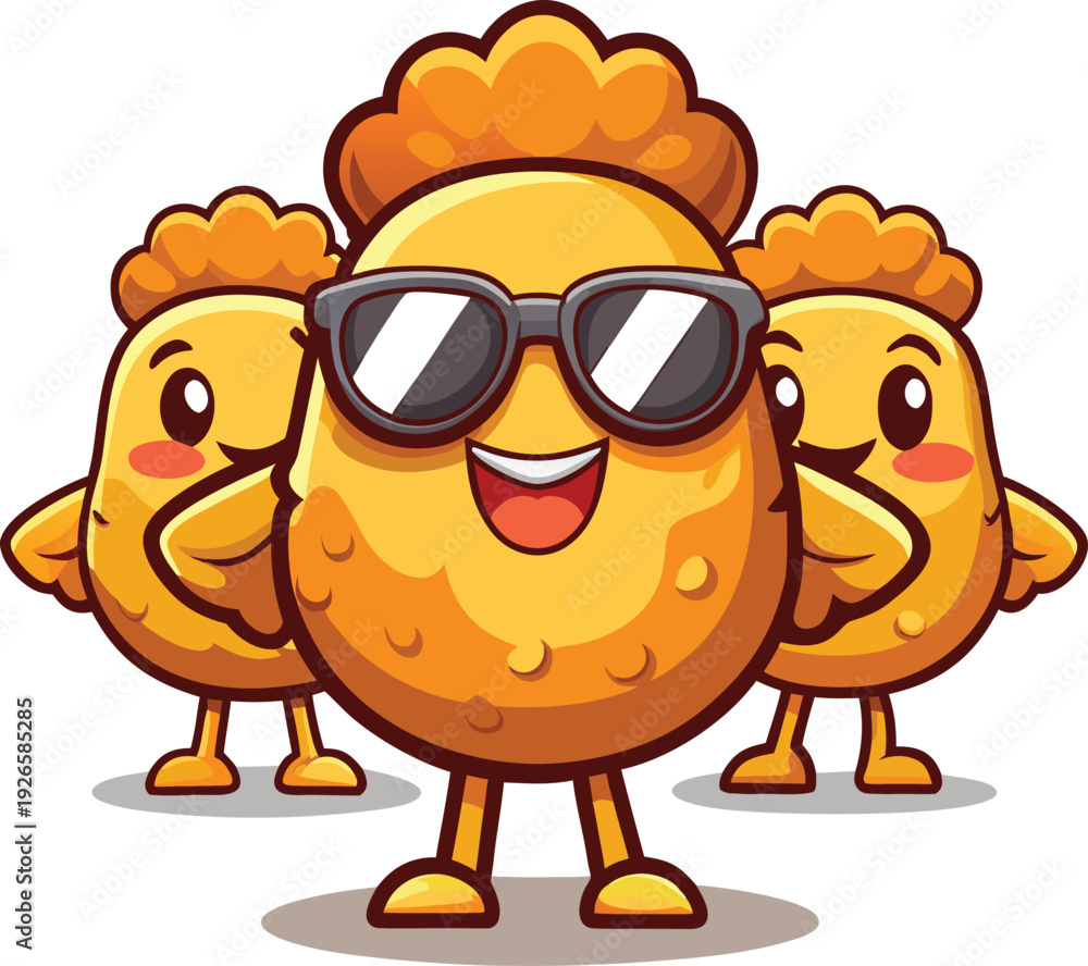 Obraz premium Cute fried chicken nugget mascots with sunglasses vector illustration, happy snack food characters flat design
