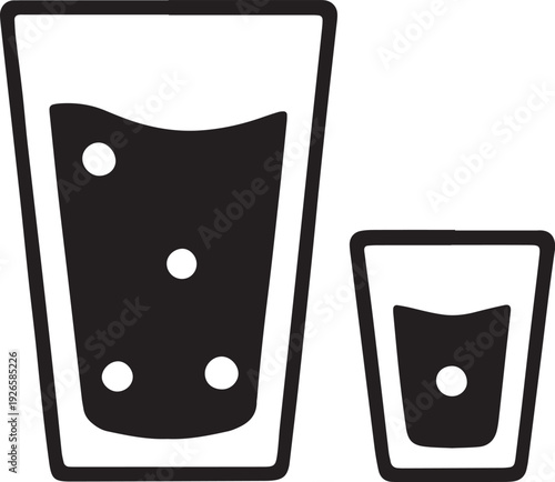 Two black and white outline glasses one tall one short filled with liquid and bubbles