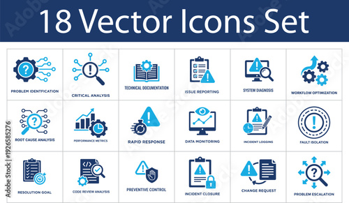 Problem solving solid icons set. Root cause analysis, issue reporting, fault isolation, critical analysis, system diagnosis. Technical support solid icons collection