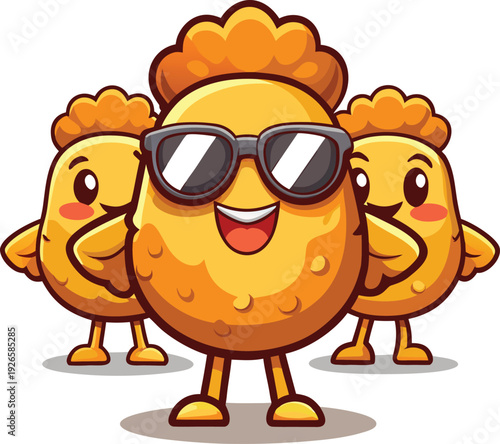 Cute fried chicken nugget mascots with sunglasses vector illustration, happy snack food characters flat design