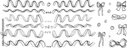 Whimsical wavy lace text dividers, ribbons, bows element for invitation set. Menu, page text frame underline shapes. Party coquette girly bow emphasis invitation border lines. Vector doodle separator.