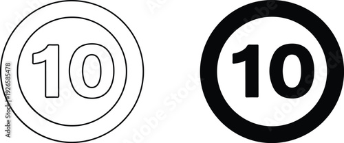 Black and white number ten circular icons with outline and filled in styles