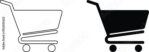 Black and white shopping cart icons in different styles for ecommerce and retail concepts