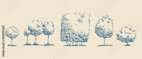Sketch bushes and tree doodle sketches in blue ink line set. Forest and garden mediterranean plants, shrub with detailed outline work. Vector botanical illustrations perfect for italian nature design.