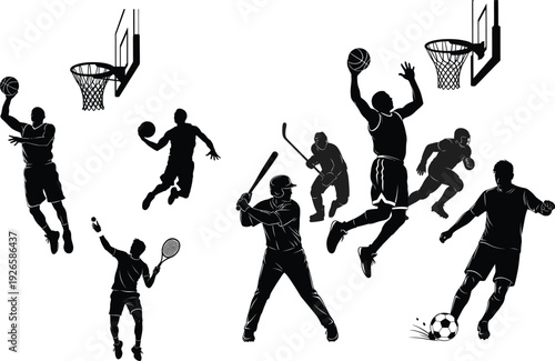 Silhouette illustration of various sports players in action