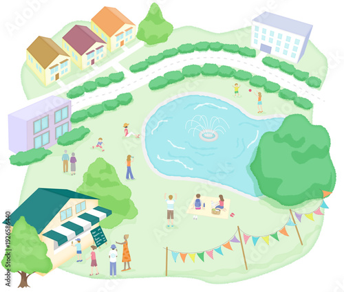 水彩画風の公園の俯瞰イラストセット。池や噴水、売店と多様な人々が集う緑豊かな公共スペース。