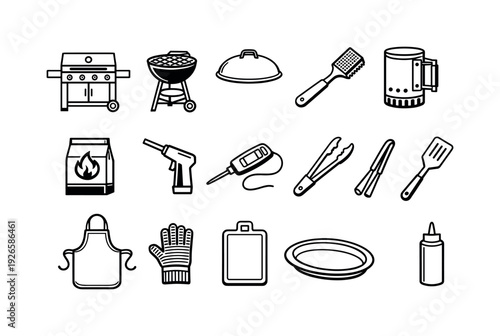 Outdoor barbecue party items: gas grill, charcoal grill, grill lid, grill brush, chimney starter, charcoal bag, lighter, meat thermometer, grilling