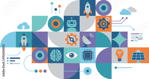 Dynamic collection of interconnected technology and science icons symbolizing innovation and digital transformation