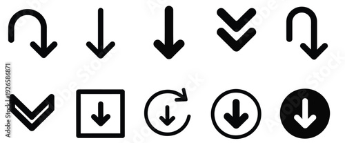 Group of black downward-pointing arrow icons, featuring various styles like U-turns, double chevrons, and circular refresh symbols, on a light gray background.