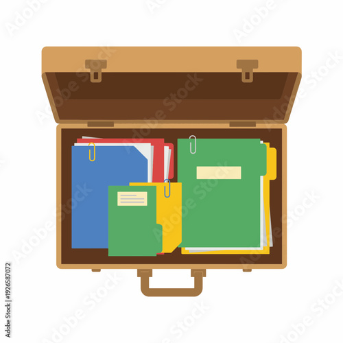 Documents organized in a briefcase against a white background