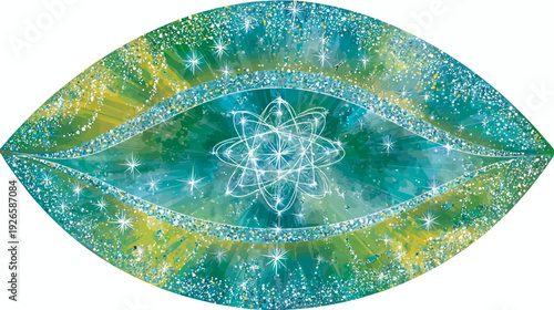 An abstract oval image with green and yellow hues, sparkling lights, and an atom-like center