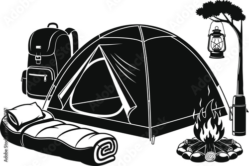 Camping scene with tent sleeping bag backpack and campfire