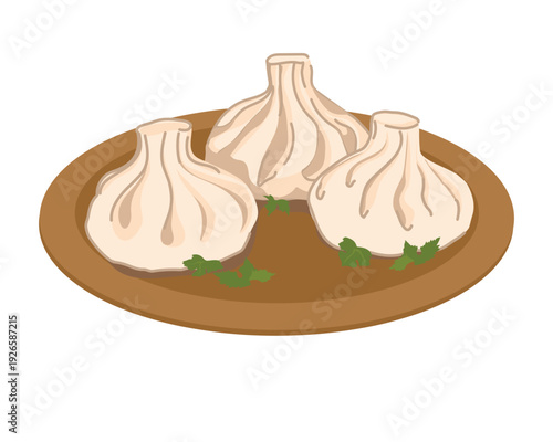 Khinkali and cilantro leaves on a clay plate. A national dish of Georgia and the Caucasus. A specially rolled dough with a filling. Vector illustration in a flat style.