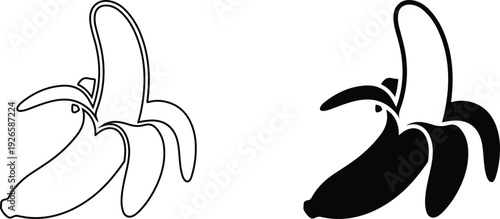 Two bananas with peels illustrations in line and solid black and white colors side by side