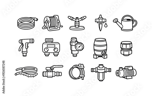 Gardening irrigation equipment: garden hose, hose reel, sprinkler, drip emitter, watering can, spray nozzle, timer valve, pressure regulator, rain
