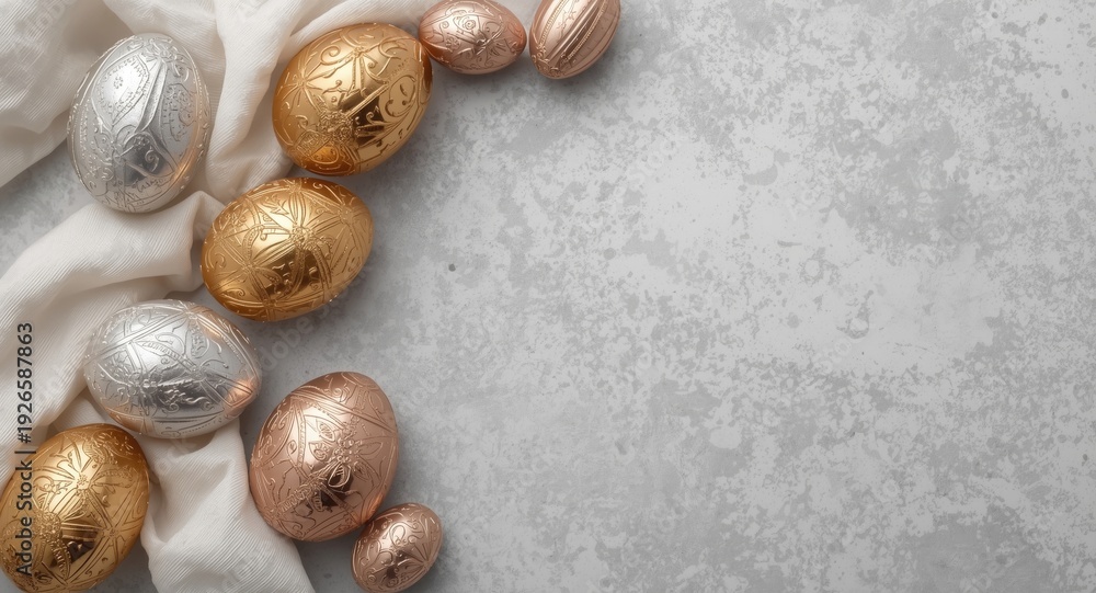 Obraz premium Refined Easter eggs in gold silver and bronze finishes presented on a subtle gray backdrop with copy space
