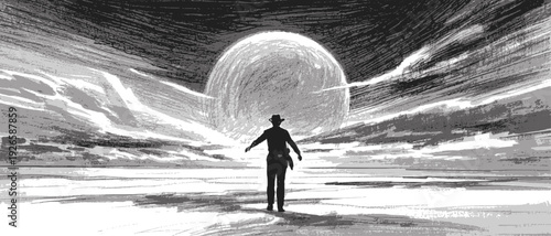 lone figure standing on a flat expanse clouds line art drawing sketch nature landscape vector hand drawn illustration svg