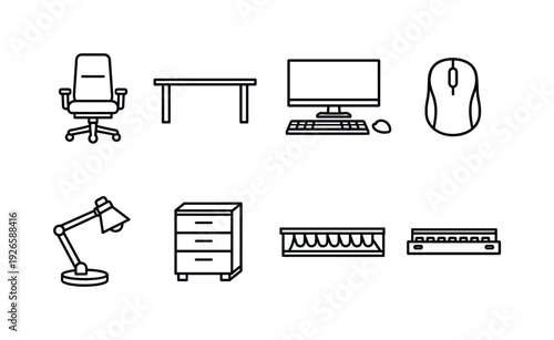 Professional office desktop setup: office chair, work desk, desktop monitor, keyboard, mouse, desk lamp, drawer pedestal, cable tray