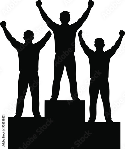 Three triumphant silhouettes standing on a podium with arms raised