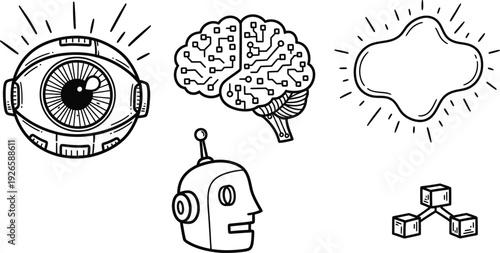 Illustrations of futuristic technology, including a robot eye, brain, robot head, and network nodes.