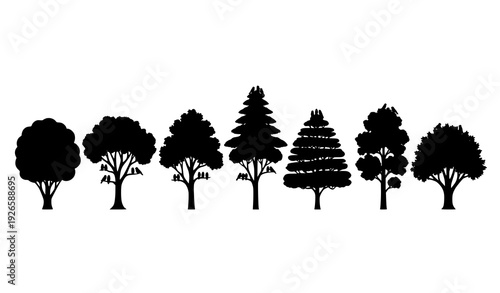 Tree silhouette forest vector illustration with perched birds and decorative abstract canopy shapes